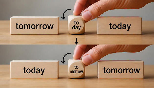 Hand flips wooden block from tomorrow to today for urgent deadline. Business concept of time management and last-minute decision making.