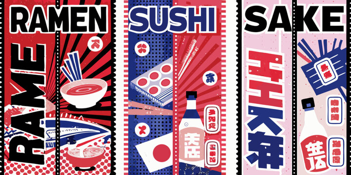 japanese food menu posters vibrant vector illustration ramen sushi sake colors asian cuisine noodles fish rice alcohol design graphic art
