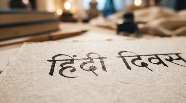 Hindi Diwas calligraphy on textured paper with vintage inkwell and books background for Indian language celebration and cultural heritage concept