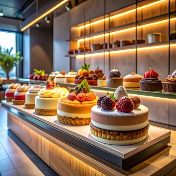 Assorted desserts on a display counter.