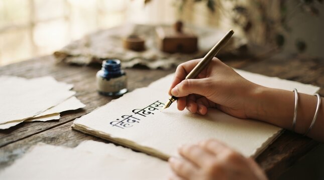 Close up of a young Indian woman writing Hindi Diwas in Devanagari script with a fountain pen on handmade paper, representing cultural heritage and traditional calligraphy