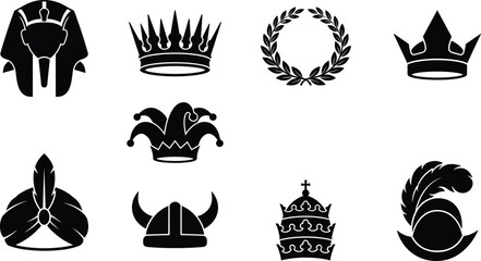 Historical headwear and royal crowns vector silhouettes bundle featuring pharaoh headdress tiara laurel wreath and viking helmet icons © MdMehedi