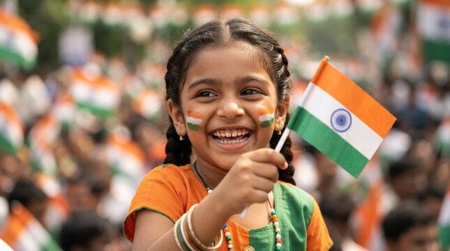 Happy young Indian girl holding national flag with face paint celebrating independence day, patriotic child portrait, concept of national pride and unity