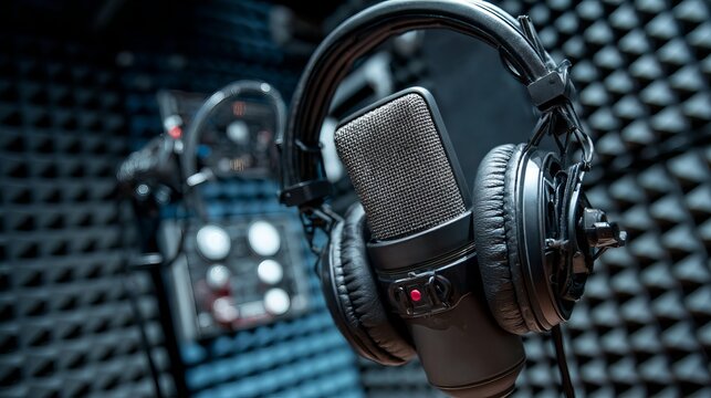 Studio condenser microphone with professional headphones and acoustic foam panel, warm studio lighting, indoor recording setting