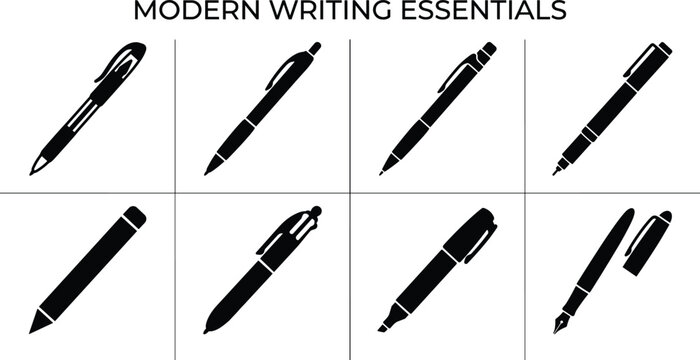 Modern writing essentials black silhouette vector icons set featuring ballpoint pens pencil marker highlighter and fountain pen