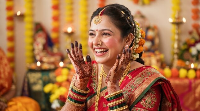 Happy young Indian bride with henna hands smiling in traditional red sari and gold jewelry during wedding ceremony celebration, cultural marriage concept