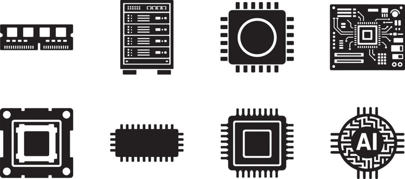 Electronic module symbols and microchip semiconductor solid glyph icon set, editable EPS vector format.