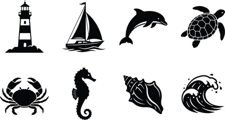 Nautical and marine life icon collection featuring black vector silhouettes of lighthouse sailboat dolphin sea turtle crab seahorse seashell and ocean wave © MdMehedi