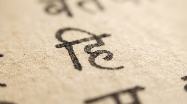 Macro Close Up of Devanagari Script Character on Textured Paper Representing Hindi Language Learning Education and Ancient Indian Typography Culture