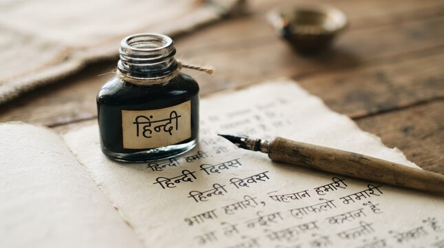 Hindi language calligraphy inkwell and dip pen on vintage paper for cultural heritage and literature concepts