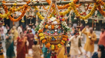 Fototapeta premium Traditional Indian Earthen Pot Hanging Decoration for Cultural Festival Celebration with Marigold Flowers and Peacock Feather Artistry for Festive Home Decor