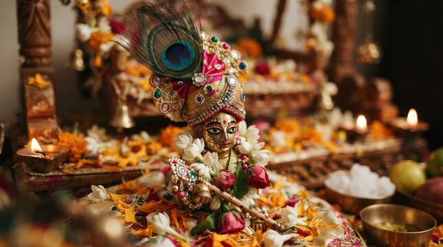 Ornate Laddu Gopal Idol Decorated with Flowers and Peacock Feather for Hindu Worship Rituals, Traditional Indian Deity Statue for Spiritual Home Altar Decoration