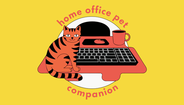 Home office pet companion vector illustration, ginger tabby cat sitting on desk with computer keyboard, remote work lifestyle concept
