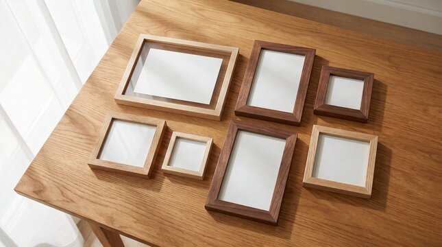 An elegant collection of empty wooden picture frames in various sizes and natural tones, arranged thoughtfully on a light timber table, perfect for personalized home decor and cherished memories