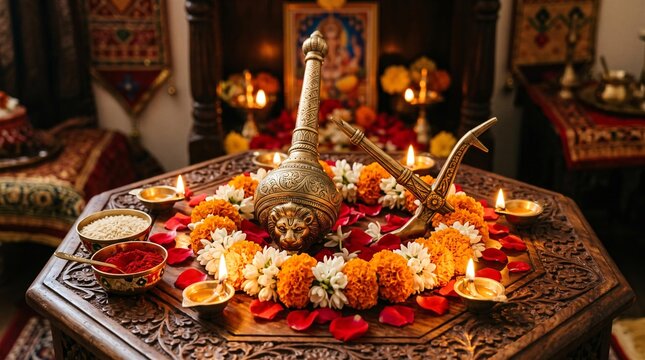 Decorative brass mace and plough symbols for Hindu Balarama festival puja