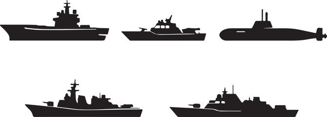 Naval military transport icon set with warship, patrol boat, submarine and combat vessel vectors. © mstsalha