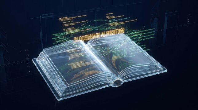 Book made of glowing digital light displays complex blockchain algorithm code in a dark environment.