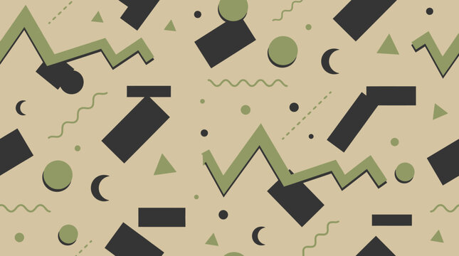 Abstract geometric pattern with khaki green and charcoal grey shapes on beige background.