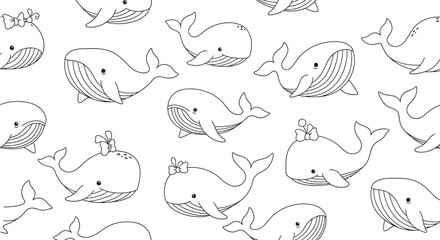 Naklejka premium Whale pattern black and white line drawing on a white background