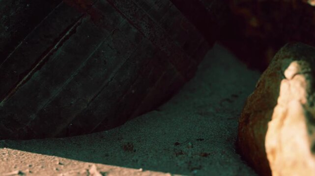 A rusted barrel lies on the sandy beach. Nearby, there are stones scattered around. The sunlight casts long shadows as the day transitions to evening.