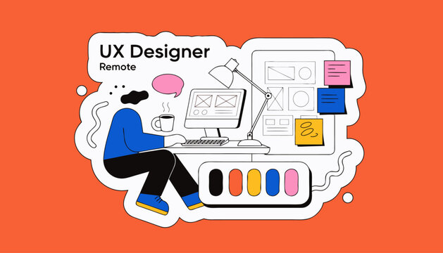 UX Designer Remote workspace vector illustration, modern digital artist character at desk, creative web design professional with wireframes