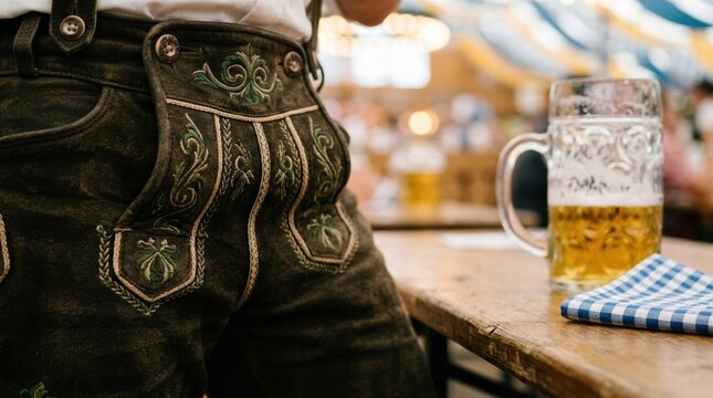 Traditional Bavarian Lederhosen worn by a man at a beer festival table with a glass of beer, representing authentic German culture, heritage, and festive celebration