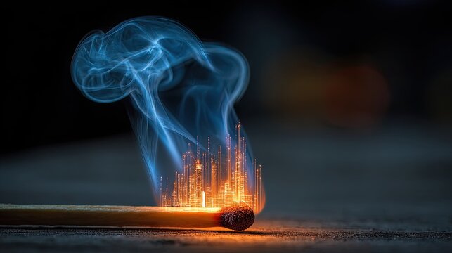 Matchstick ablaze, city in smoke