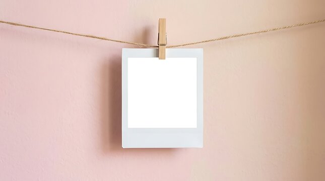 A blank white square instant frame hanging from a thin brown twine rope with a wooden clip against a soft pastel pink wall background