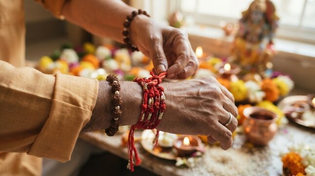 Elderly Indian man tying sacred red thread on wrist during traditional Hindu prayer ceremony at home, close up of hands with rudraksha beads and puja ritual setup