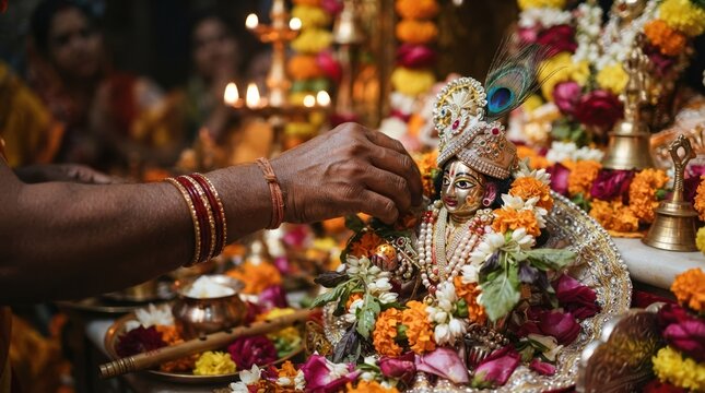 Devotee performing traditional Hindu puja ritual offering flowers to Laddu Gopal idol, close up of hand with bangles decorating Krishna deity statue in temple
