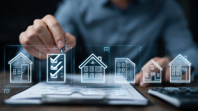 An office worker reviews housing options using digital graphics on a screen in a modern workspace during a weekday