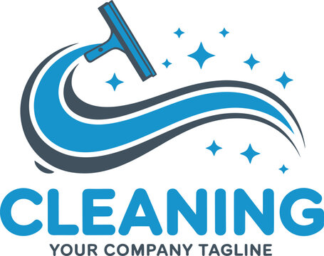 A blue and gray cleaning company logo with a squeegee and sparkles on a white background
