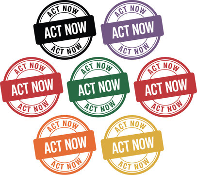 A collection of colorful act now stamps on a white background for marketing purposes