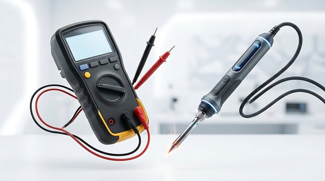 A digital multimeter with red and black probes next to a soldering iron on a white table in a bright laboratory or workshop environment