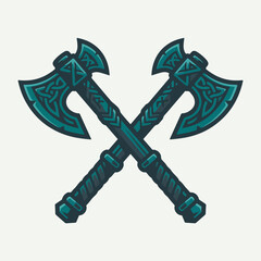 Naklejka premium Illustration of crossed viking axes with celtic knotwork patterns.
