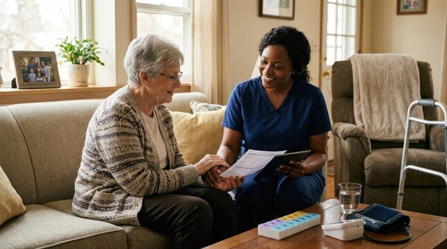 A kind caregiver sits beside an elderly woman on a comfortable sofa. The caregiver, a young Black woman, smiles warmly as she discusses a tablet with the older woman, who wears a patterned cardigan.