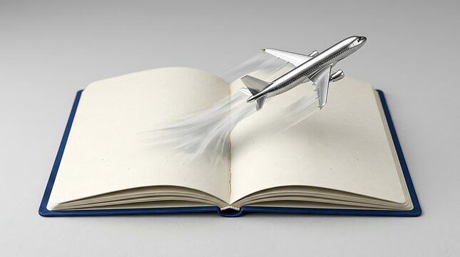 A metallic silver airplane taking off from an open book with white pages, leaving a trail of white smoke against a plain light gray background