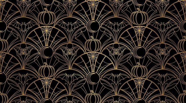 Art deco halloween seamless pattern gold geometric ornamentation on black background