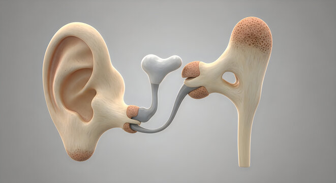3d render of human ear anatomy showing auditory ossicles and ear canal, medical illustration