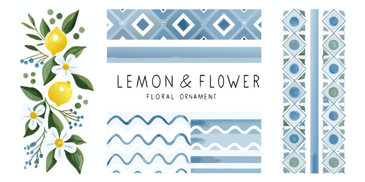 lemon and flower floral ornament with watercolor style on white background pattern design botanical fruit blossom decorative graphic element illustration