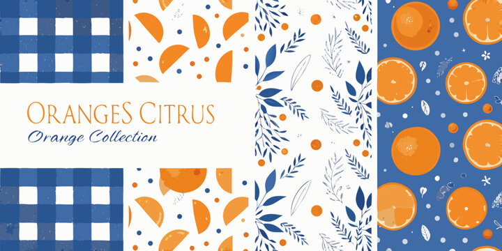 orange citrus fruit designs with blue checkered patterns vector illustration graphic food fresh natural tropical summer background print fabric textile
