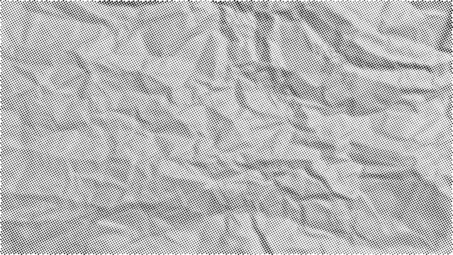Halftone crumpled paper texture with a dotted, rough, and wrinkled surface. Black creased sheet background in comic pop-art style, featuring grainy folds and gritty distressed details.