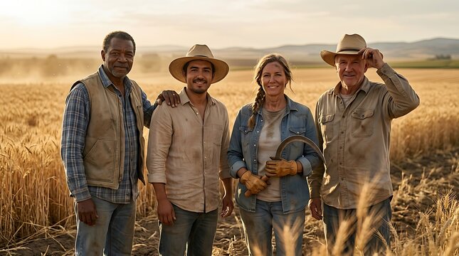 Diverse Farmers Standing Proudly in Golden Wheat Field at Sunset