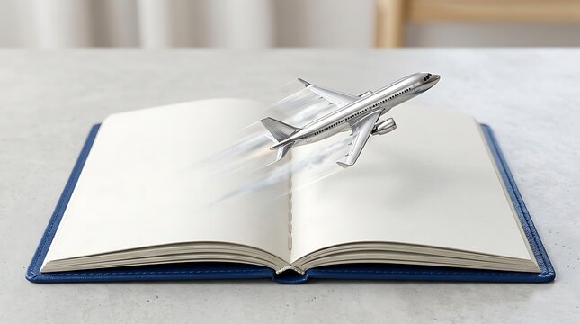 A small silver toy airplane flying out of an open blank notebook on a white table with motion blur lines indicating speed and movement