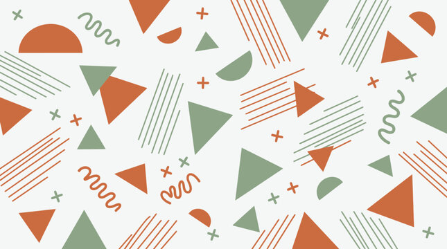 Geometric memphis pattern with terracotta and sage green triangles and linear art design.