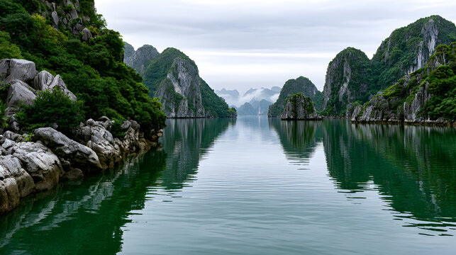 Scenic View of Ha Long Bay in Vietnam with Limestone Karsts and Tranquil Waters Reflecting Surrounding Landscape
