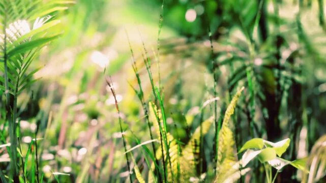 Bright green plants are abundant in a dense forest. Sunlight filters through the leaves, creating shadows and highlights. The scene shows various types of foliage growing together naturally.