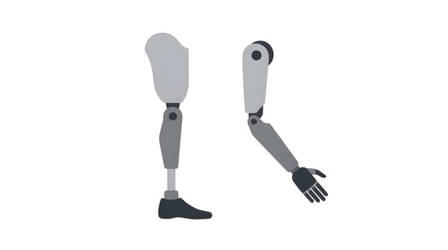 Flat vector illustration of upper and lower limb prosthetics including an artificial arm and prosthetic leg. Ideal for rehabilitation, orthopedic technology, disability support, and medical equipment 