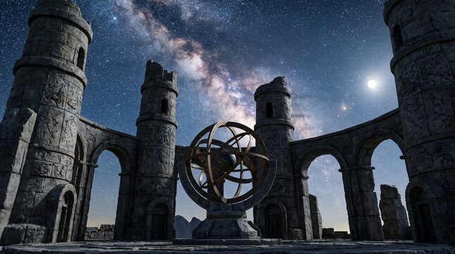 Intricate golden armillary sphere standing centrally within ancient stone ruins under a vast starry night sky filled with bright constellations