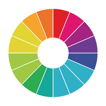 Vibrant color wheel chart with twelve distinct wedges in a balanced geometric circle composition on white background abstract design concept